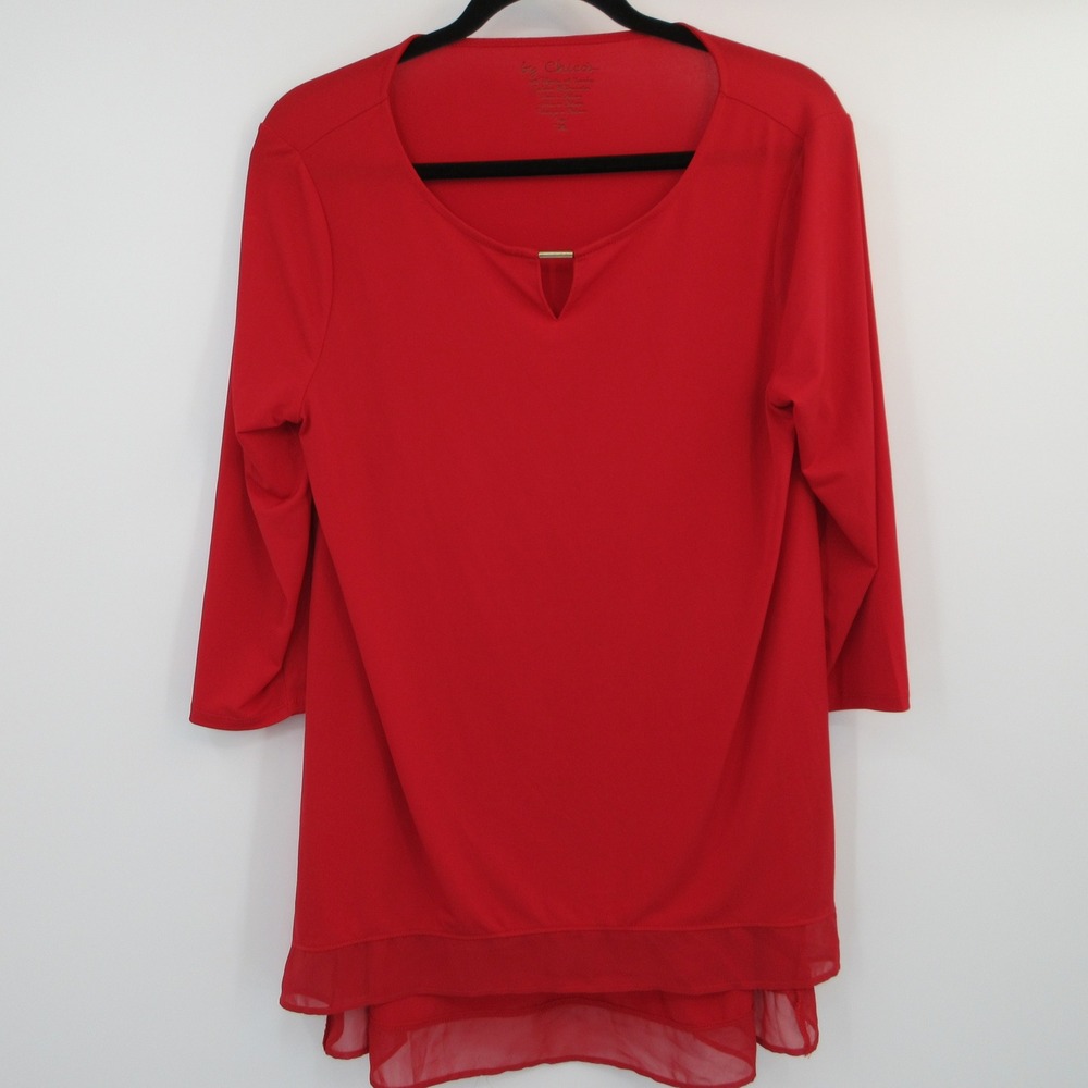 Chico's Red Tunic Top 3/4 Sleeve Keyhole Gold Bar Chiffon Hem Size 1 M